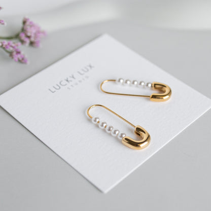 Safety Pin Pearl Earrings